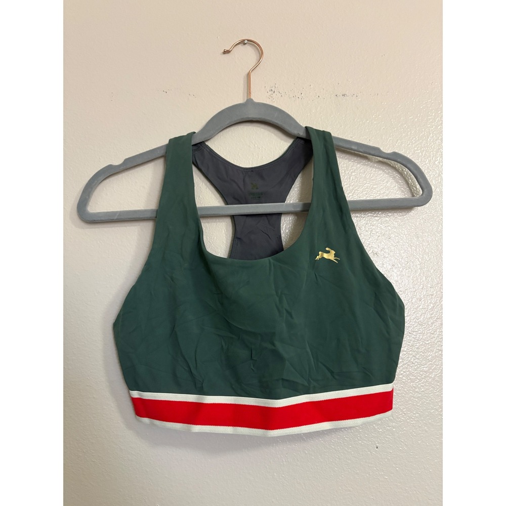Tracksmith Women's Running Cannonball Run Sports Bra Green Grey Red Medium